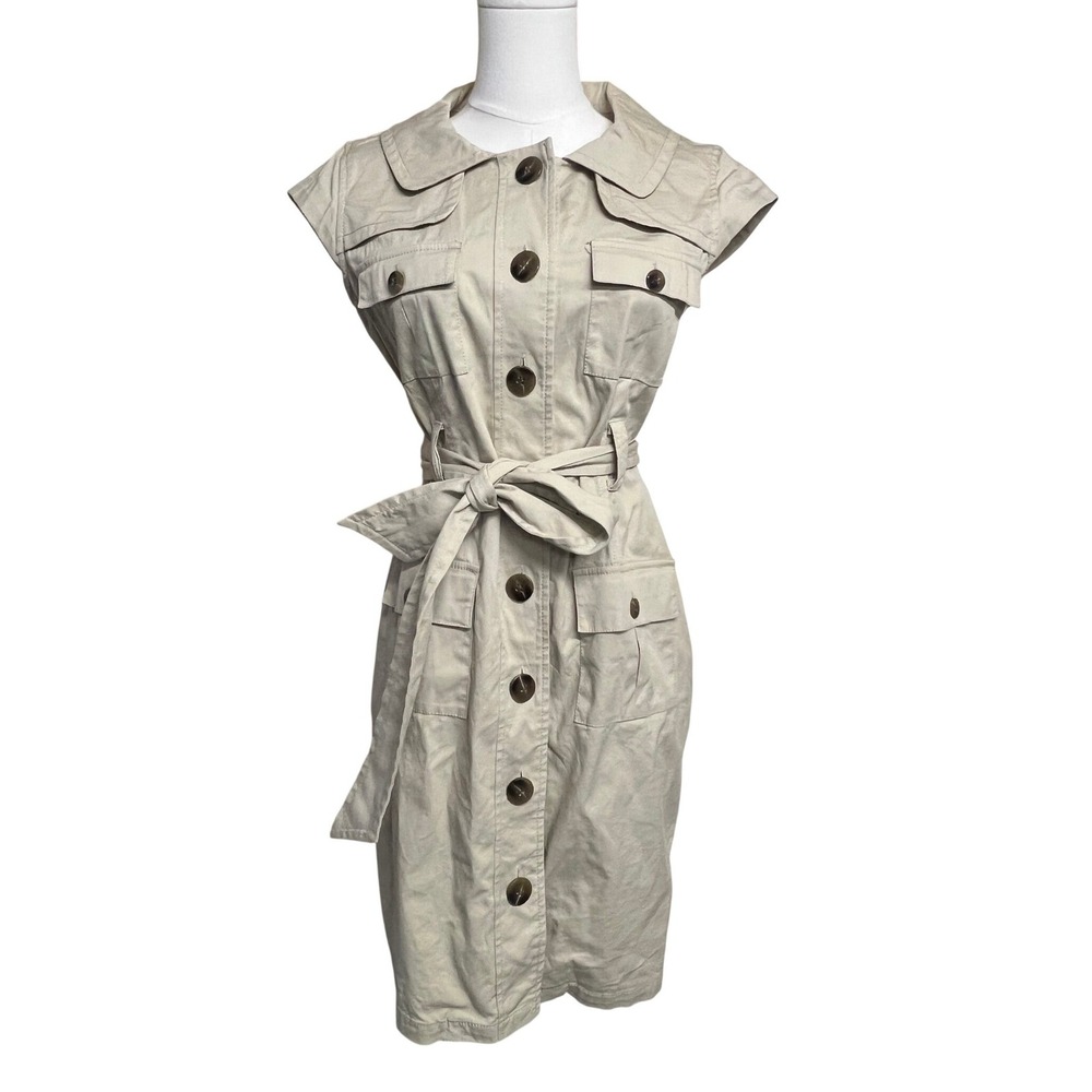 Kenneth Cole Womens Khaki Safari Utility Shirt Dress Belted Tan Size 6 Office
